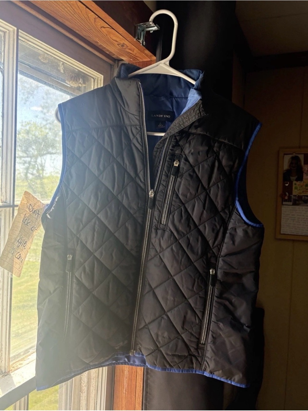 Lands' End Men's Black Quilted Vest with Blue Accents
